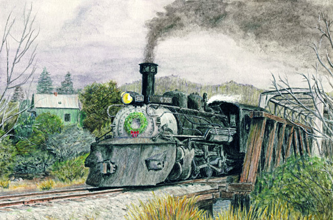 Colored pencil drawing of steam engine crossing a wooden bridge just outside of Durango, Colorado