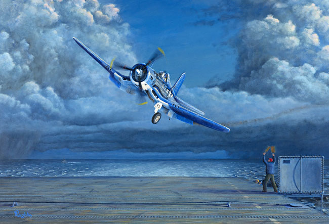 Acrylic painting of an F-4U Corsair fighter plane making an emergency landing on an aircraft carrier