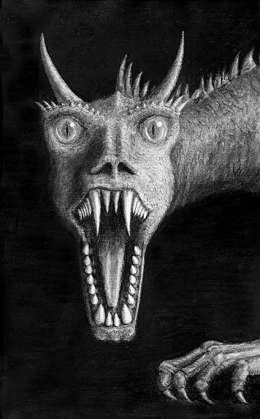 Charcoal drawing of a dragon poking its head around a corner and snarling at the viewer