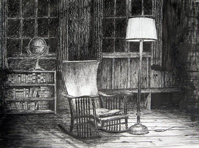 black ink drawing of an antique rocking chair in a rustic room, illuminated by a single lamp