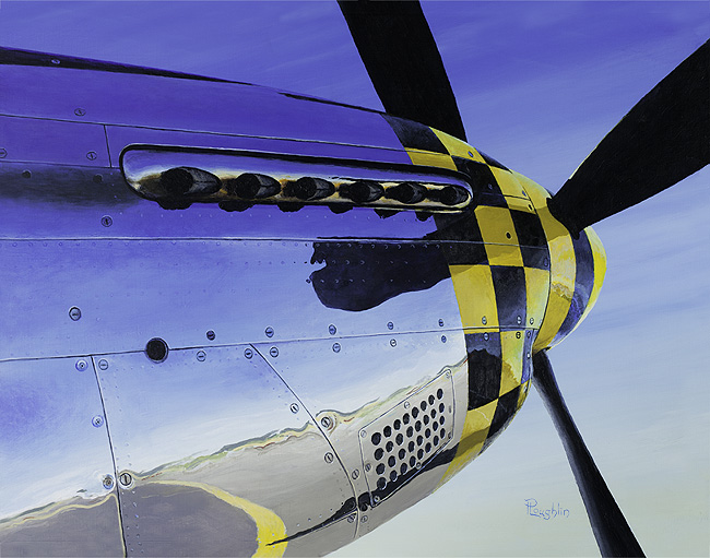 Acrylic painting looking up at the nose of a highly polished P-51 Mustang with yellow and black checkerboard decoration around the nose.