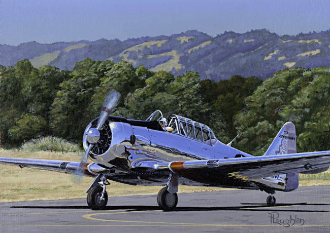 Acrylic painting of a highly polished classic SNJ trainer with its motor running, parked on the taxiway waiting to take off.