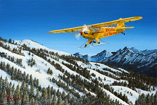 Acrylic painting of a yellow Piper Cub with skis instead of wheels, descending over snowy mountains