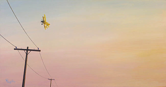 Acrylic painting of a yellow crop duster biplane making a step turn above telephone wires, in front of a golden and rosy morning sky