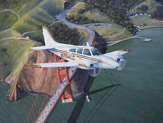 Acrylic painting of Beechcraft Baron N704CC flying over the Golden Gate Bridge