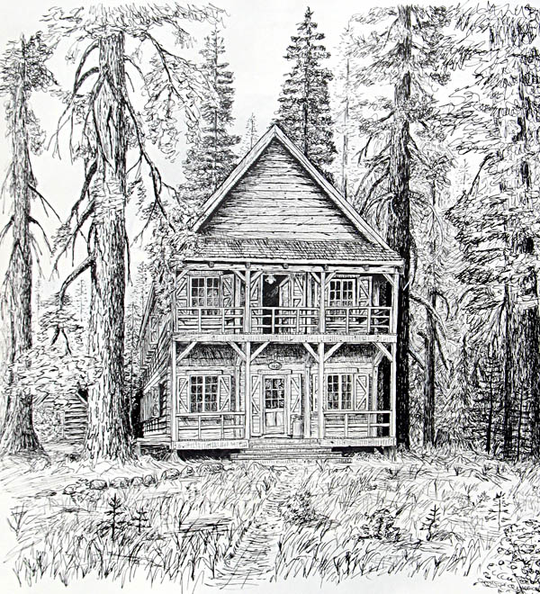 Pen and paper drawing of a rustic lodge hall in the woods