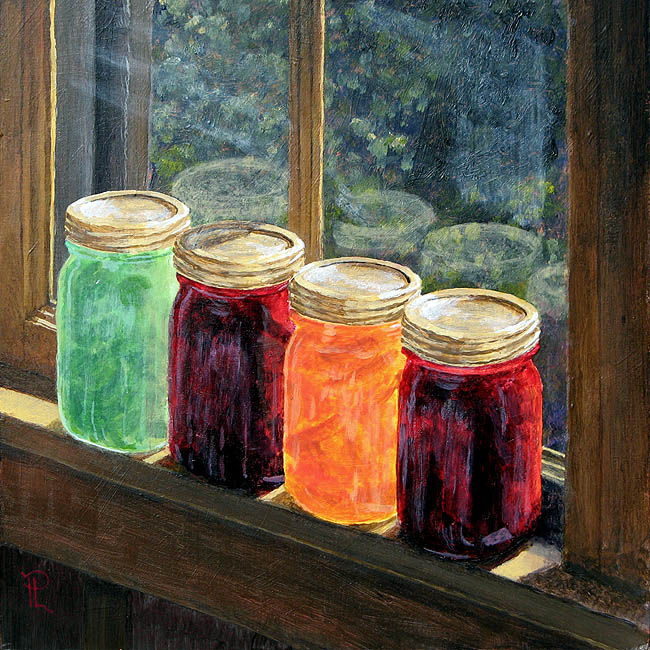 Acrylic painting of four mason jars of fermenting pickles sitting in the sun on an unpainted window sill