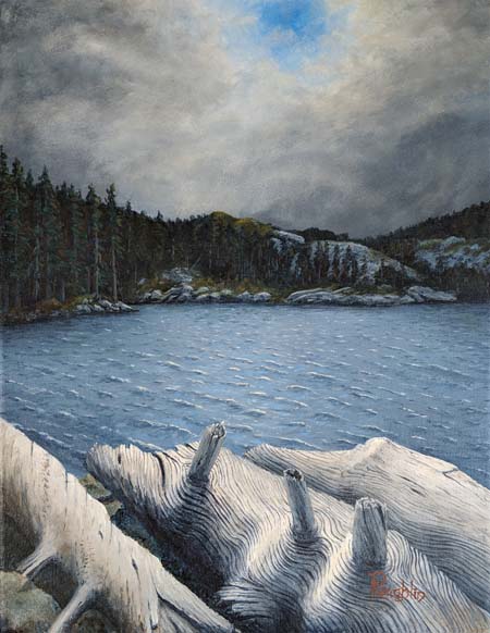 Painting of rainstorm over a mountain lake, with bleached logs in foreground