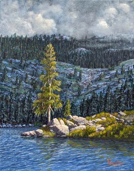 Painting of rainstorm over a mountain lake, with the sun shining bright and golden on a tree on a spit of land in the middle ground