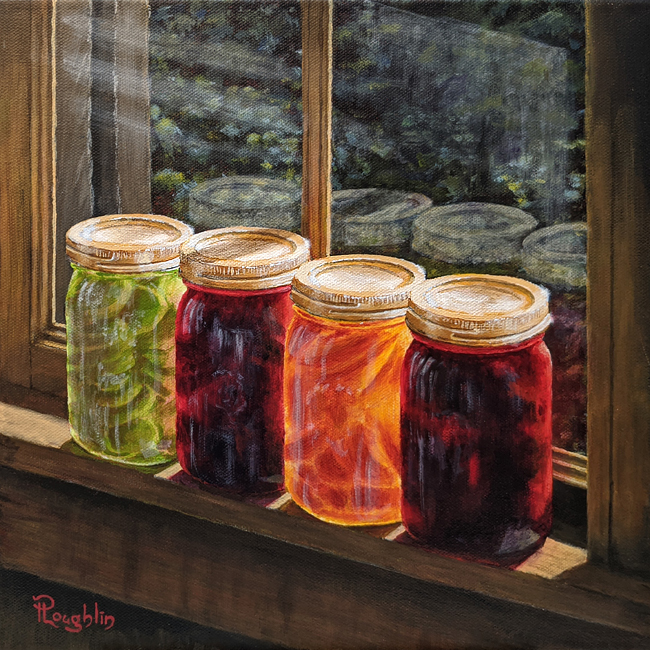 Acrylic painting of four mason jars of fermenting pickles sitting in the sun on an unpainted window sill