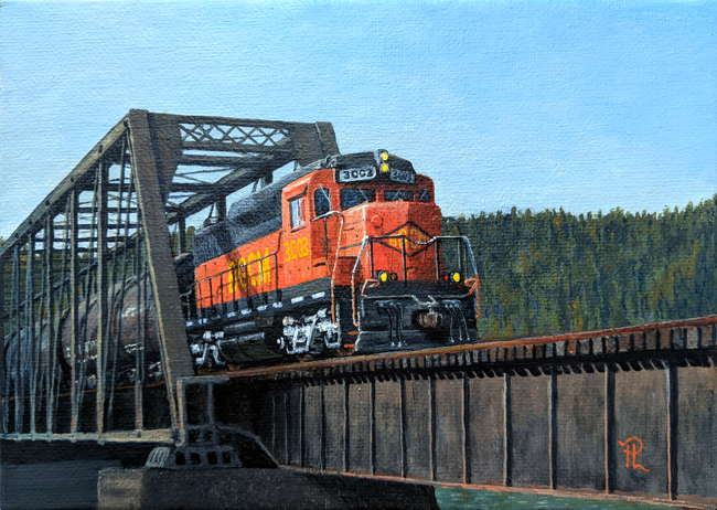 A painting of an orange and black diesel locomotive coming across a steel truss bridge, with forested hills in the background.