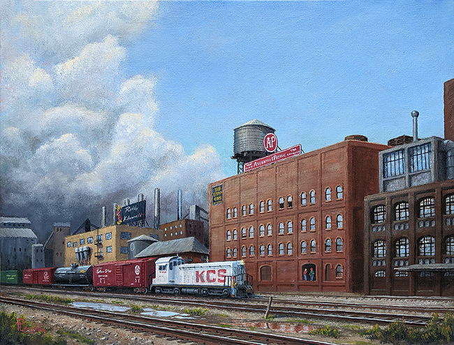 A painting of a white diesel switcher engine moving freight cars among industrial buildings, with a large cloud in the background.