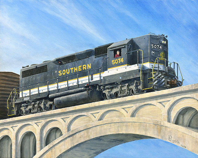 A close-up painting of a black Southern Railways GP38-2 locomotive crossing a concrete arch bridge